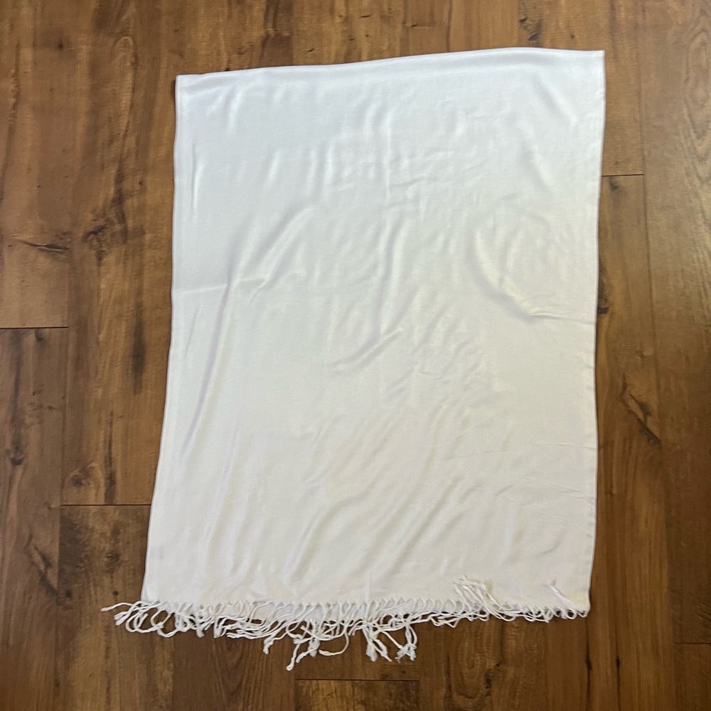 White shawl scarf with fringe edges 27”x70”